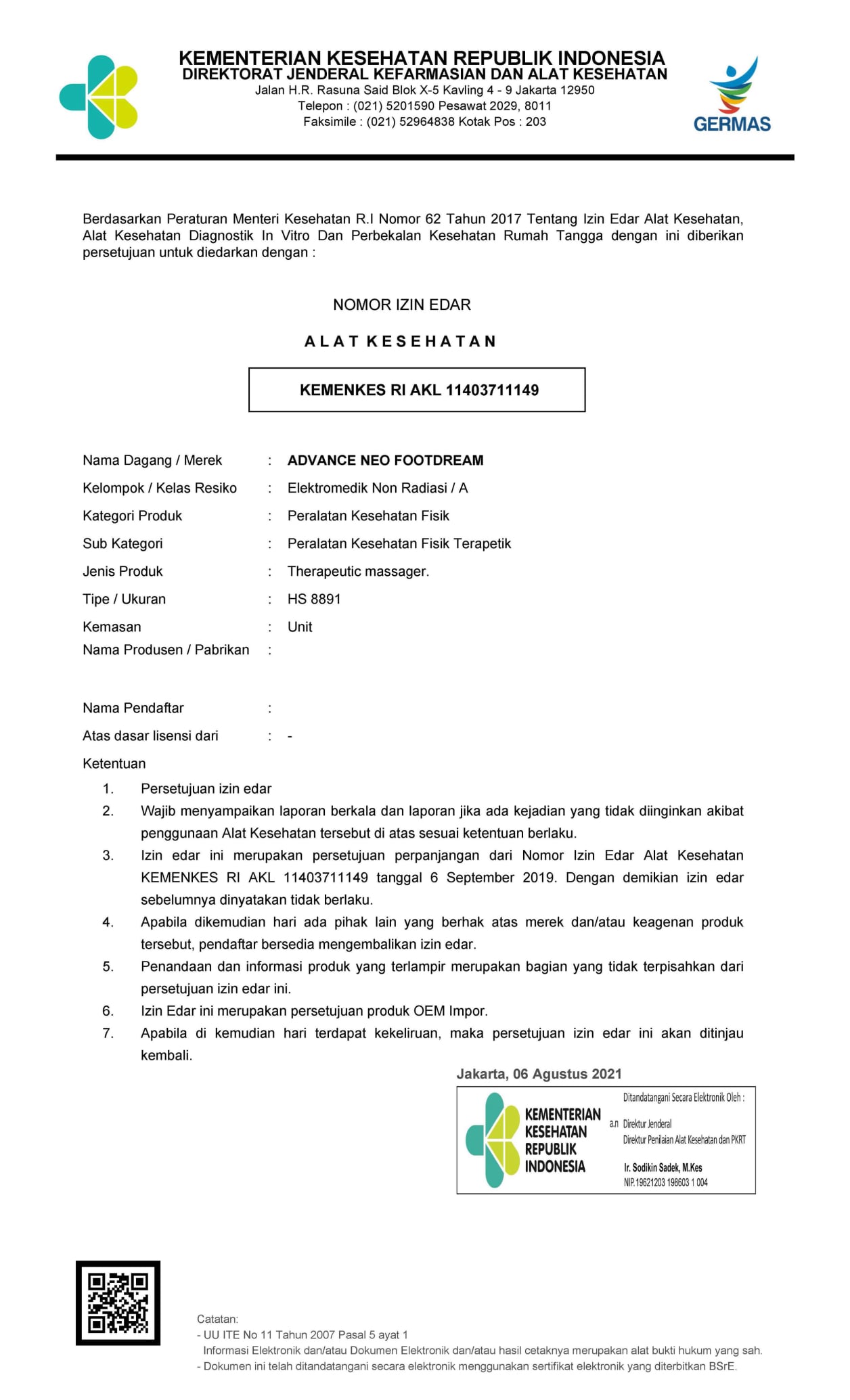 Ijin Alat Kesehatan Neo Foot Dream